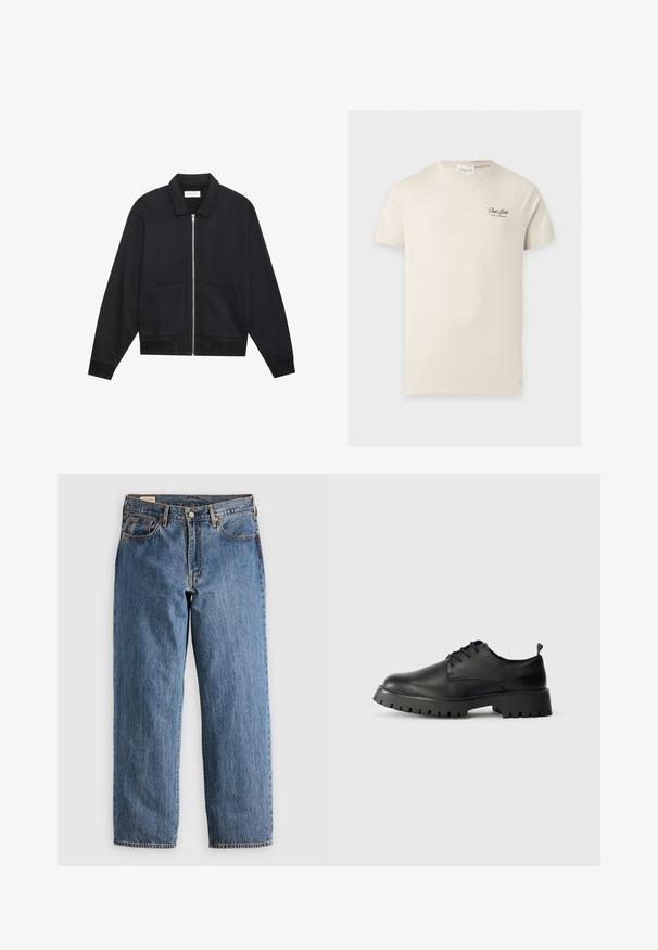 Zwarte ritssluiting jack met een kraag, twee voorkruiszakken, ribgebreide manchetten en een textuurstofafwerking. Eenvoudig en modern ontwerp.; Beige T-shirt met korte mouwen en ronde hals met kleine zwarte tekst "Paris Bistro" op het linkerborstgebied.; Blauwe denim jeans met een rechte snit, met een hoge taille, koperen klinknagels en oranje stiksels. Voor- en achterzakken inbegrepen.; Zwarte leren veterschoenen met een ronde neus, een gestructureerd oppervlak en een chunky rubberen zool met diepe profielen voor grip.
