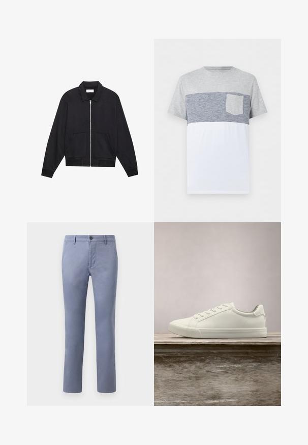 Chaqueta negra con cremallera y cuello, dos bolsillos frontales, puños acanalados y un acabado de tela texturizada. Diseño simple y moderno.; Camiseta de hombre de manga corta con parte superior gris claro, franjas horizontales azul marino en la sección media, bolsillo en el pecho y parte inferior blanca.; Chinos de algodón azul claro con un corte ajustado, que cuentan con cierre de botón, cinturilla con trabillas y bolsillos laterales, textura suave y perneras rectas.; Zapatilla blanca con cordones flotando sobre un banco de madera con follaje verde al fondo, mostrando el diseño y la textura del zapato.