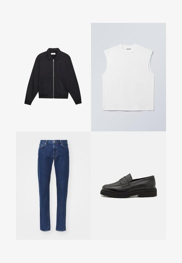 Veste noire zippée avec col, deux poches avant, poignets côtelés et finition en tissu texturé. Design simple et moderne.; Haut blanc sans manches en coton à col rond avec épaules structurées, marqué "WEEKDAY" sur l'étiquette du col, présenté sur un fond gris clair.; Jean en denim bleu foncé avec une coupe droite, design à cinq poches, fermeture à bouton en métal et détails de coutures claires.; Mocassin en cuir noir avec un bout rond, des détails cousus, et une semelle épaisse et texturée. Présente un design élégant et minimaliste.