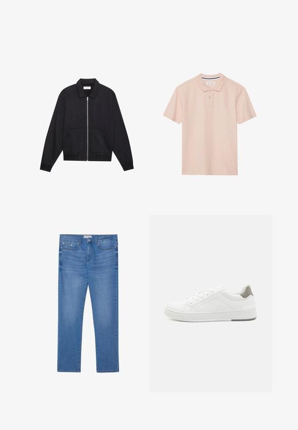 Zwarte ritssluiting jack met een kraag, twee voorkruiszakken, ribgebreide manchetten en een textuurstofafwerking. Eenvoudig en modern ontwerp.; Polo shirt in zacht roze, korte mouwen, kraag met een drie-knopssluiting, textiel met textuur en een subtiele gestreepte detail binnenin de kraag.; Lichtblauwe spijkerbroek met een rechte pijp, vijf zakken, subtiele vervaging en metalen accenten op de taille en zakken.; Witte sneaker van glad leer met een ronde neus, minimalistisch ontwerp, grijze hielaccent en een geplaatste rubberen zool.