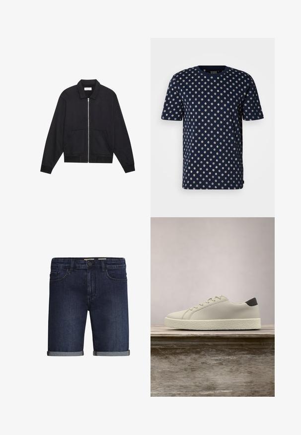 Veste noire zippée avec col, deux poches avant, poignets côtelés et finition en tissu texturé. Design simple et moderne.; T-shirt bleu marine à manches courtes avec un motif dispersé de points blancs et de dessins en forme d'éclats de soleil. Tissu doux avec un col rond.; Shorts en denim bleu foncé, avec un design classique à cinq poches, un ourlet roulé et une fermeture à bouton. Texture lisse.; Baskets blanches avec semelle texturée et détail noir au talon, flottant au-dessus d'un banc en bois avec de hautes herbes vertes en arrière-plan.