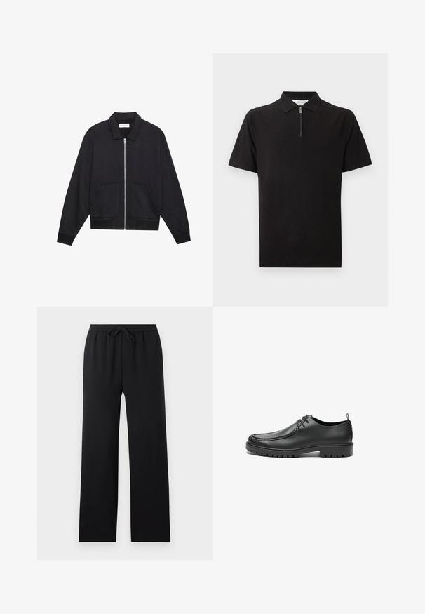 Sort lynlåsjakke med krave, to frontlommer, ribbede manchetter og en struktureret stoffinish. Enkel og moderne design.; Sort kortærmet polo med subtilt diamantmønster og lynlåslukning foran under kraven på ensfarvet baggrund.; Sorte løstsiddende bukser med elastisk talje og forreste snor, lige ben, ensfarvet design, vist på en neutral baggrund.; Sorte lædersko med en glat overflade, rund tå og dekorativ stikning. Har en gummisål med skridsikre spor og snørebåndsdesign.