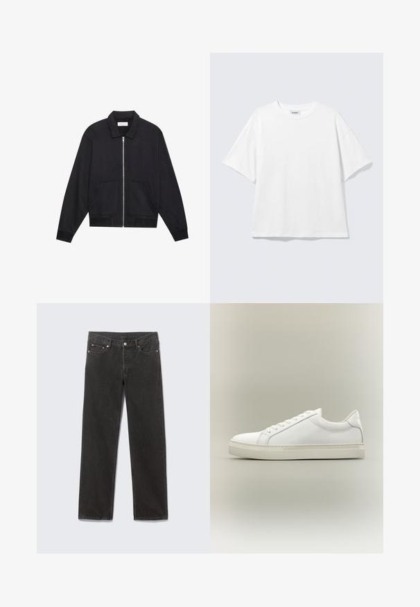 Zwarte ritssluiting jack met een kraag, twee voorkruiszakken, ribgebreide manchetten en een textuurstofafwerking. Eenvoudig en modern ontwerp.; Witte oversized T-shirt met korte mouwen, ronde hals en verlaagde schouders, plat op een lichtgrijze achtergrond.; Zwarte denim jeans met rechte pijpen, voorzakken, riemlussen en knoopsluiting, plat gelegd op een grijze achtergrond.; Witte lage sneaker met veters aan de voorkant en dikke zool, zijaanzicht tegen een neutrale achtergrond.