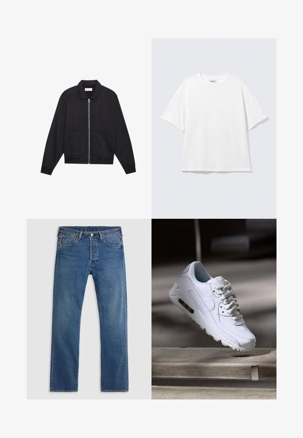 Veste noire zippée avec col, deux poches avant, poignets côtelés et finition en tissu texturé. Design simple et moderne.; T-shirt blanc oversize à manches courtes, col rond, épaules tombantes, posé à plat sur fond gris clair.; Jean en denim bleu à jambe droite avec cinq poches, passants de ceinture, et une fermeture avant à bouton et fermeture éclair sur fond uni.; Baskets blanches en cuir avec des surfaces texturées, un col rembourré et un amorti d'air visible dans la semelle. Elles possèdent des lacets et un design minimaliste.