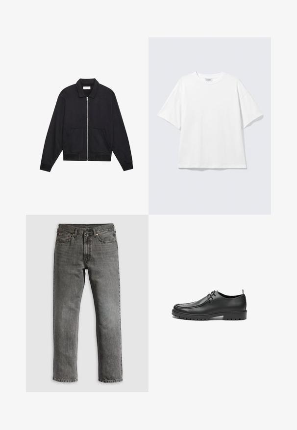 Schwarze Zip-Jacke mit Kragen, zwei Fronttaschen, gerippten Bündchen und einer strukturierten Stoffoberfläche. Einfaches und modernes Design.; Weißes oversized T-Shirt mit kurzen Ärmeln und Rundhalsausschnitt mit eingesetzten Schultern, flach auf hellgrauem Hintergrund.; Graue Jeans aus Denim mit geradem Bein, ausgestattet mit fünf Taschen, kupfernen Nieten und sichtbaren Nähten. Klassisches Design mit Reißverschluss.; Schwarze Lederschuhe mit glatter Oberfläche, runder Zehenform und dekorativer Naht. Mit einer Gummisohle mit Traktionsrillen und Schnürdesign.