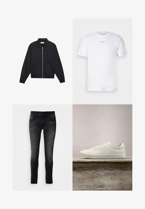 Zwarte ritssluiting jack met een kraag, twee voorkruiszakken, ribgebreide manchetten en een textuurstofafwerking. Eenvoudig en modern ontwerp.; Witte T-shirt met korte mouwen van katoen met een ronde hals. Heeft het "Marc O'Polo" logo in het zwart op de borst. Soepele textuur, minimalistisch ontwerp.; Zwarte denim jeans met een slim fit, vijf zakken ontwerp, subtiele vervaging en contrasterende stiksels. Voorzien van een klassieke metalen knoop- en ritssluiting.; Witte vetersneaker die boven een houten bank zweeft met groene bladeren op de achtergrond, waarbij het ontwerp en de textuur van de schoen worden getoond.