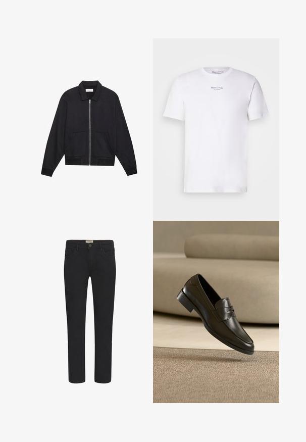Chaqueta negra con cremallera y cuello, dos bolsillos frontales, puños acanalados y un acabado de tela texturizada. Diseño simple y moderno.; Camiseta blanca de manga corta de algodón con cuello redondo. Presenta el logo "Marc O'Polo" en negro en el pecho. Textura suave, diseño minimalista.; Vaqueros de mezclilla negra con corte recto, diseño de cinco bolsillos y cierre frontal de botón. Textura suave con sutiles detalles de costura.; Zapato mocasín de cuero negro flotando sobre una alfombra beige con un sofá beige en el fondo, mostrando el diseño clásico para hombres sin cordones.