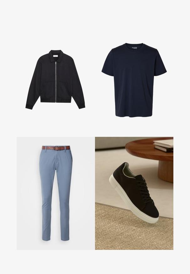 Schwarze Zip-Jacke mit Kragen, zwei Fronttaschen, gerippten Bündchen und einer strukturierten Stoffoberfläche. Einfaches und modernes Design.; Schlichtes marineblaues T-Shirt mit kurzen Ärmeln und Rundhalsausschnitt mit kleinem gedrucktem Markenlabel innen am Kragen.; Hellblaue Hose aus glattem Stoff, mit einem braunen Ledergürtel, slim fit Design und normalen Taschen mit einfachem Saum.; Schwarze Sneakers mit weißer Sohle, die über einem beige strukturierten Teppich schweben, in der Nähe eines runden Holztisches mit gestapelten Büchern.