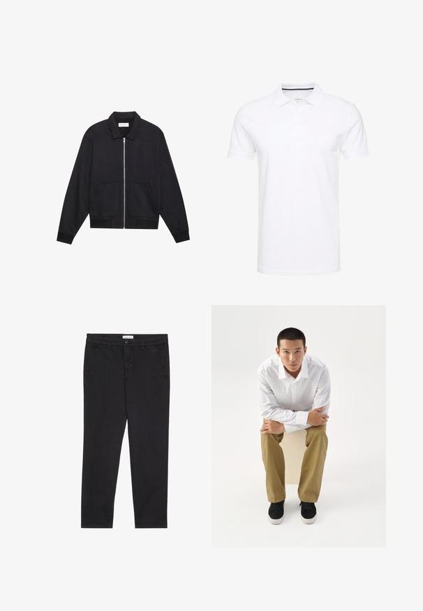 Zwarte ritssluiting jack met een kraag, twee voorkruiszakken, ribgebreide manchetten en een textuurstofafwerking. Eenvoudig en modern ontwerp.; Witte polo shirt van katoen, met een traditionele kraag, korte mouwen en een drie-knopenlijst met subtiele marineblauwe accenten aan de binnenkant.; Zwarte katoenen broeken met een slim fit, voorzien van twee zijzakken en een sluiting met een voorknop. Geweven stof met subtiele.details.; Jonge man in wit gestreept overhemd en kaki broek, voorover zittend op een kruk met gekruiste armen, kijkt recht vooruit op een witte achtergrond.