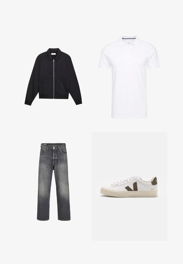 Schwarze Zip-Jacke mit Kragen, zwei Fronttaschen, gerippten Bündchen und einer strukturierten Stoffoberfläche. Einfaches und modernes Design.; Weißes Poloshirt aus Baumwolle, mit einem traditionellen Kragen, kurzen Ärmeln und einer Dreiknopf-Leiste, die innen subtile marineblaue Akzente aufweist.; Denim Jeans in einem verblassten Schwarzton, mit geradem Bein, Fünf-Taschen-Stil und Metallknopfverschluss an der Taille.; Weiße Leder-Sneaker mit einer hellbeigen Gummisohle. Mit braunem Wildleder-V-Logo und Fersenlasche. Schnürverschluss mit texturierter Oberfläche.