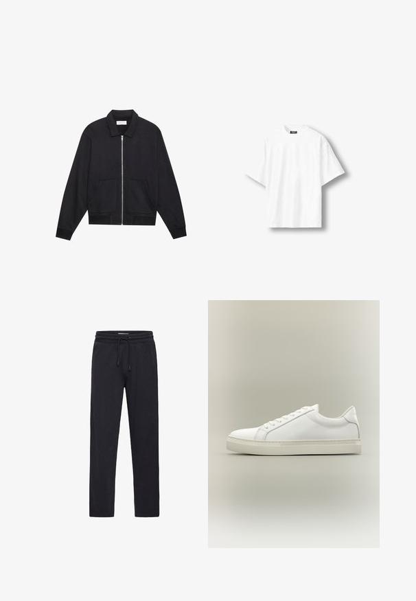 Veste noire zippée avec col, deux poches avant, poignets côtelés et finition en tissu texturé. Design simple et moderne.; T-shirt blanc uni à manches courtes, coupe ample, col rond et étiquette noire à l'intérieur du col arrière, présenté sur un fond clair.; Pantalon de survêtement noir en coton doux. Il présente une taille élastique avec un cordon de serrage et une coupe droite.; Baskets blanches basses à lacets sur l’avant et semelle épaisse, vues de côté sur un fond neutre.