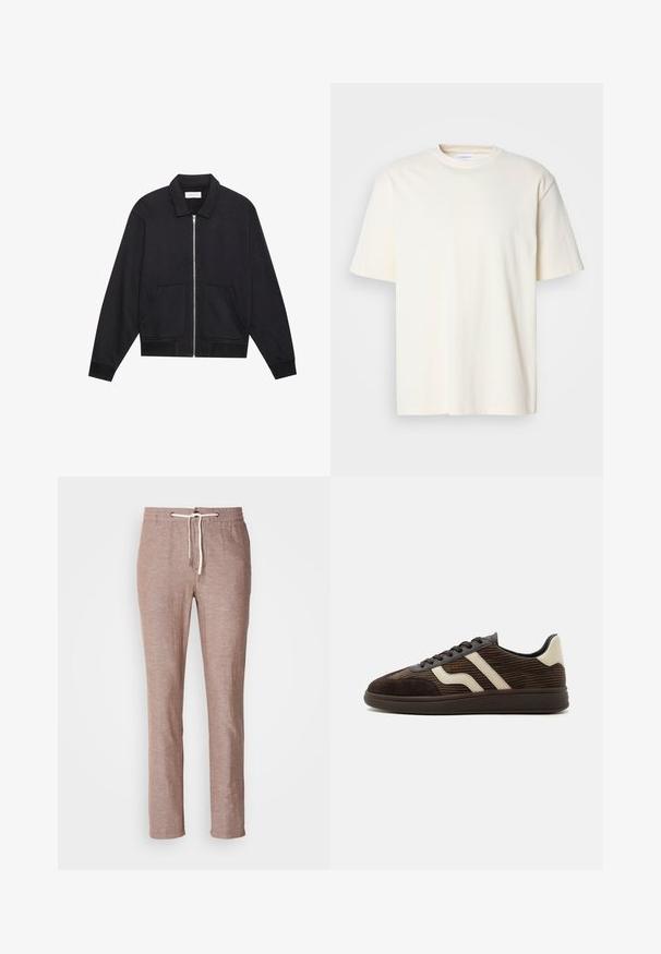 Veste noire zippée avec col, deux poches avant, poignets côtelés et finition en tissu texturé. Design simple et moderne.; T-shirt uni à col rond, à manches courtes, de couleur blanc cassé, design unisexe, présenté sur un fond gris neutre.; Pantalons en lin marron clair avec taille à cordon, coupe droite et surface légèrement texturée. Pas de poches supplémentaires ni de décorations.; Baskets en daim et velours côtelé marron foncé avec des bandes latérales beige, lacets à l'avant et semelle en caoutchouc texturée, vues de côté sur fond blanc.