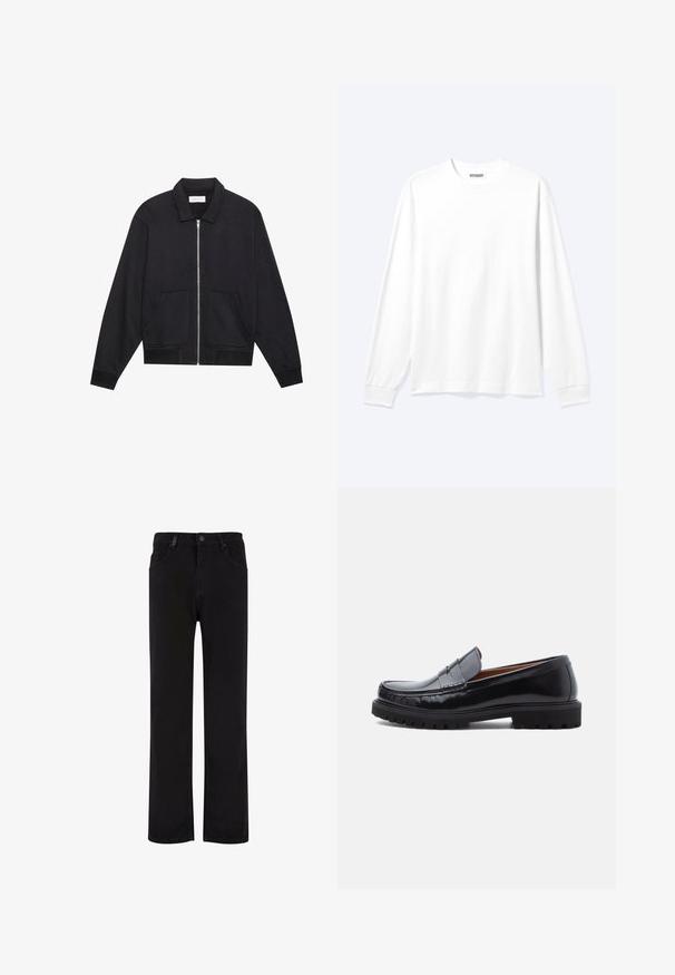 Schwarze Zip-Jacke mit Kragen, zwei Fronttaschen, gerippten Bündchen und einer strukturierten Stoffoberfläche. Einfaches und modernes Design.; Langärmliges, schlichtes weißes Hemd mit Rundhalsausschnitt und gerippten Bündchen, dargestellt auf einem neutralen hellen Hintergrund.; Schwarze Denim-Hosen mit geradem Beinanschnitt, ausgestattet mit Knopfverschluss, Gürtelschlaufen und Vordertaschen. Glatte Textur und einheitliche Farbe.; Schwarze Leder-Penny-Loafer mit strapazierfähiger Gummisohle und Mokassin-Stich, seitlich auf einem weißen Hintergrund dargestellt.