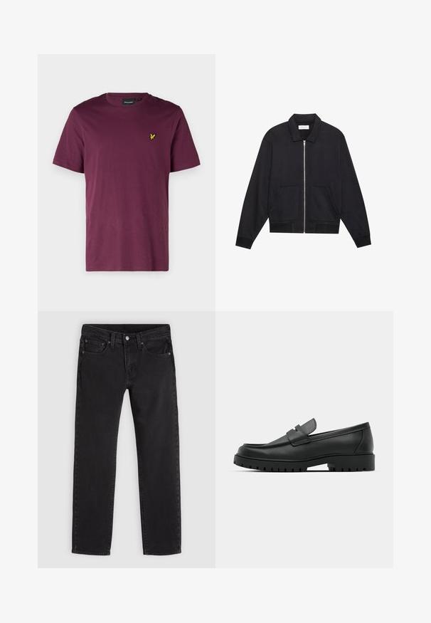 Sort lynlåsjakke med krave, to frontlommer, ribbede manchetter og en struktureret stoffinish. Enkel og moderne design.; Mørkerød bomulds t-shirt med rund hals, korte ærmer og et lille gult ørne-logo på venstre bryst. Glat overflade, almindelig pasform.; Sorte jeans med lige ben, for- og baglommer, bæltestropper og knaplukning.; Sorte læder loafers med rund tå, der har et syet design, lav platformssål og en struktureret, skridsikker gummisål.