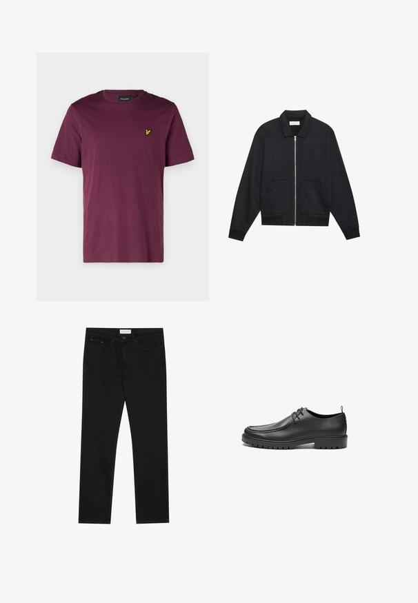 Sort lynlåsjakke med krave, to frontlommer, ribbede manchetter og en struktureret stoffinish. Enkel og moderne design.; Mørkerød bomulds t-shirt med rund hals, korte ærmer og et lille gult ørne-logo på venstre bryst. Glat overflade, almindelig pasform.; Sorte lige ben jeans med fem-lomme design, knap- og lynlåslukning samt et Pier One mærkeetiket på taljen.; Sorte lædersko med en glat overflade, rund tå og dekorativ stikning. Har en gummisål med skridsikre spor og snørebåndsdesign.