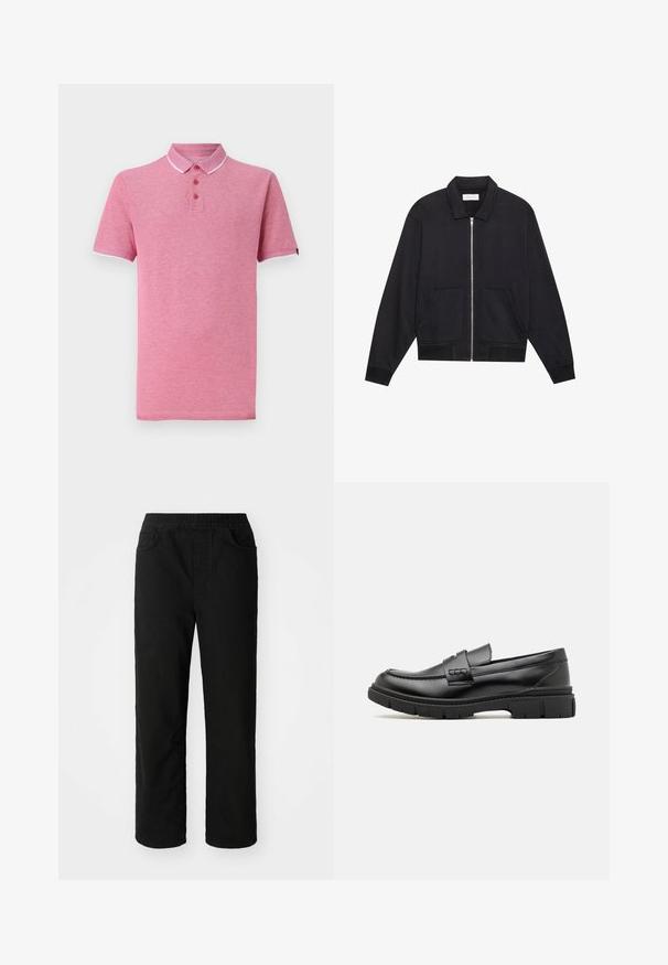 Sort lynlåsjakke med krave, to frontlommer, ribbede manchetter og en struktureret stoffinish. Enkel og moderne design.; Lyserød polo T-shirt med korte ærmer, ribbet krave, tre-knaps knappemodel og kontrasterende hvid trim ved kraven og ærmerne.; Sorte bomuldsbukser med en afslappet pasform, elastisk talje, to frontlommer og lige ben. Glat tekstur uden synlige mønstre.; Sort læder loafersko med en bred rem over forfoden, gummisål med tykke mønstre og glat overflade. Klassisk, slankt design.