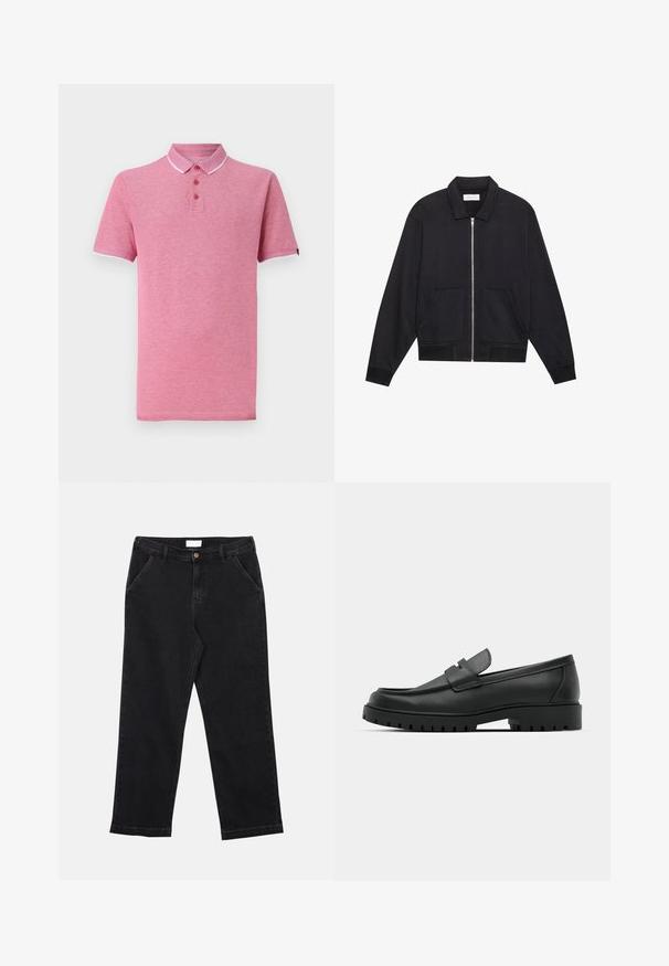 Sort lynlåsjakke med krave, to frontlommer, ribbede manchetter og en struktureret stoffinish. Enkel og moderne design.; Lyserød polo T-shirt med korte ærmer, ribbet krave, tre-knaps knappemodel og kontrasterende hvid trim ved kraven og ærmerne.; Sorte denimbukser med lige skæring, der har knaplukning, fire lommer og en tekstureret stof. Simpelt og alsidigt design.; Sorte læder loafers med rund tå, der har et syet design, lav platformssål og en struktureret, skridsikker gummisål.