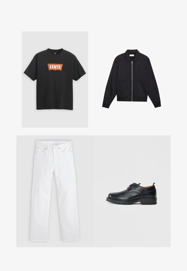 Chaqueta negra con cremallera y cuello, dos bolsillos frontales, puños acanalados y un acabado de tela texturizada. Diseño simple y moderno.; Camiseta de algodón negra con un gran logo naranja de Levi's en la parte delantera, mangas cortas y diseño de cuello redondo.; Vaqueros blancos de pierna recta con diseño de cinco bolsillos, cierre de botón y cremallera, y detalles de remaches de cobre en los bolsillos.; Zapatos derby de cuero negro con una textura suave, punta redondeada, diseño de cordones y una suela de goma gruesa y resistente.