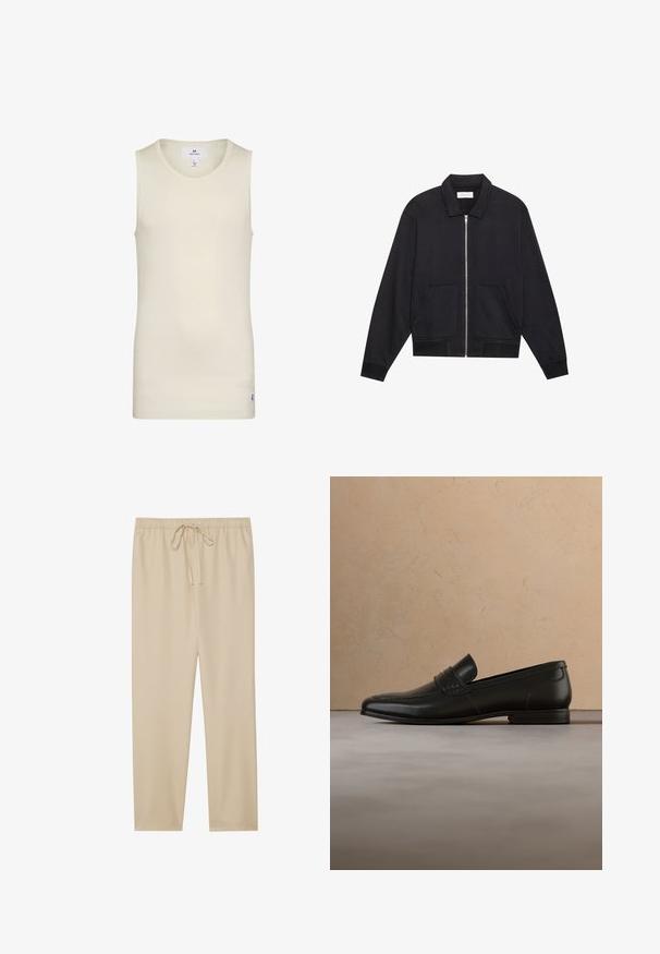 Zwarte ritssluiting jack met een kraag, twee voorkruiszakken, ribgebreide manchetten en een textuurstofafwerking. Eenvoudig en modern ontwerp.; Licht beige mouwloze top van ribbelstof met een ronde halslijn en een klein label aan de zoom. Eenvoudig en aansluitend ontwerp.; Beige, lichte broek met een elastische tailleband en een koord. Rechtafstaand ontwerp; een gladde textuur zonder patronen of versieringen.; Zwarte leren loafer schoenen zwevend in de lucht boven een beige tapijt met een beige bank op de achtergrond.