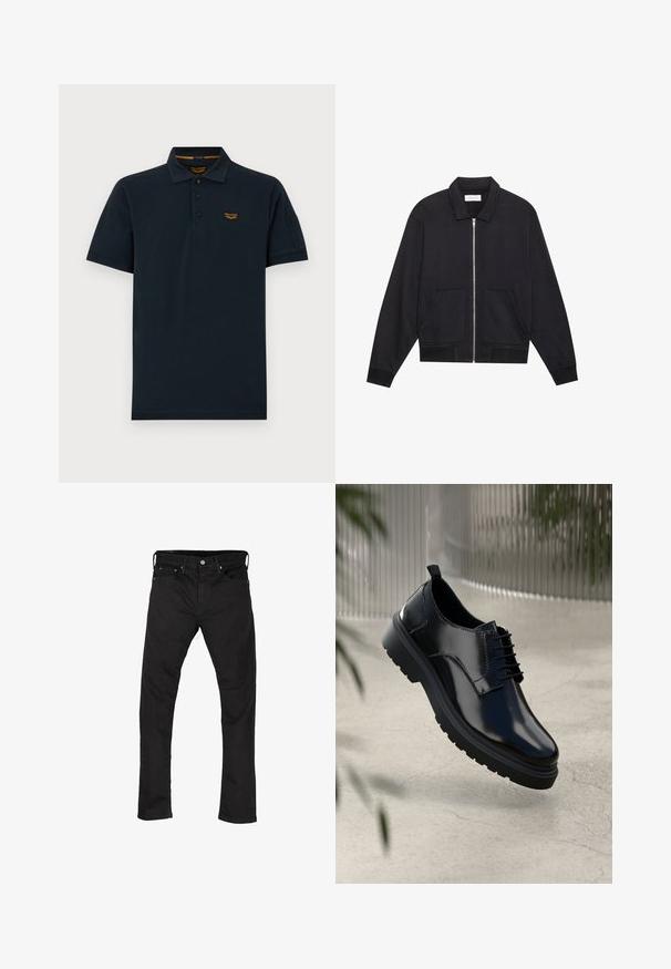 Sort lynlåsjakke med krave, to frontlommer, ribbede manchetter og en struktureret stoffinish. Enkel og moderne design.; Mørk navy kortærmet poloshirt med tre knapper, krave og lille orange PME Legend logo på venstre bryst.; Sorte denim jeans med lige ben-design, fem-lomme stil og metalknaplukning. Glat tekstur og ensartet farve hele vejen igennem.; Sorte lædersko med en blank overflade, rund tå, snøredesign, kontrastsyninger og en tyk gummisål med mønster.