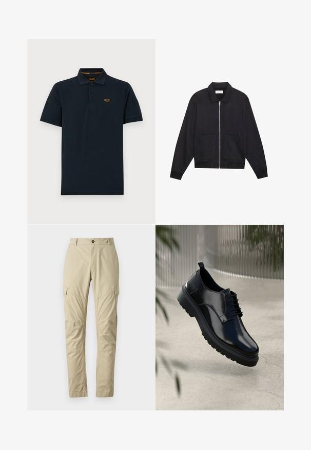 Chaqueta negra con cremallera y cuello, dos bolsillos frontales, puños acanalados y un acabado de tela texturizada. Diseño simple y moderno.; Polo de manga corta en azul marino oscuro con tres botones, cuello y pequeño logo naranja de PME Legend en el pecho izquierdo.; Pantalones cargo beige hechos de una tela liviana, con múltiples bolsillos, cierre de botón y un diseño de pierna ajustada. Textura suave.; Zapato de cuero negro con un acabado brillante, puntera redonda, diseño de cordones, costuras de contraste y una suela de goma gruesa con patrones de tracción.