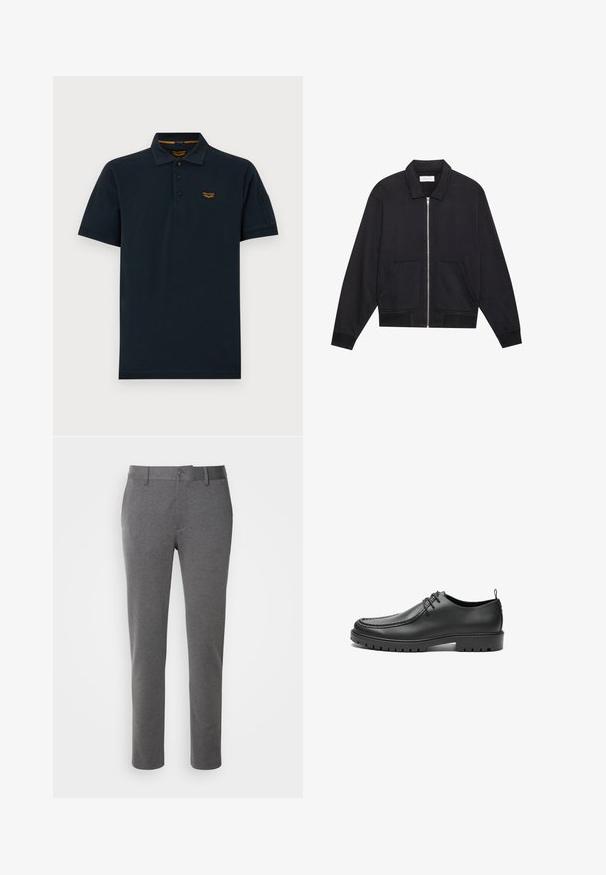 Schwarze Zip-Jacke mit Kragen, zwei Fronttaschen, gerippten Bündchen und einer strukturierten Stoffoberfläche. Einfaches und modernes Design.; Dunkelblaues kurzärmeliges Poloshirt mit drei Knöpfen, Kragen und kleinem orangefarbenem PME Legend Logo auf der linken Brust.; Graue, maßgeschneiderte Hose aus weichem Stoff mit glatter Textur, vorderen Taschen und einem einzelnen Knopfverschluss am Bund.; Schwarze Lederschuhe mit glatter Oberfläche, runder Zehenform und dekorativer Naht. Mit einer Gummisohle mit Traktionsrillen und Schnürdesign.