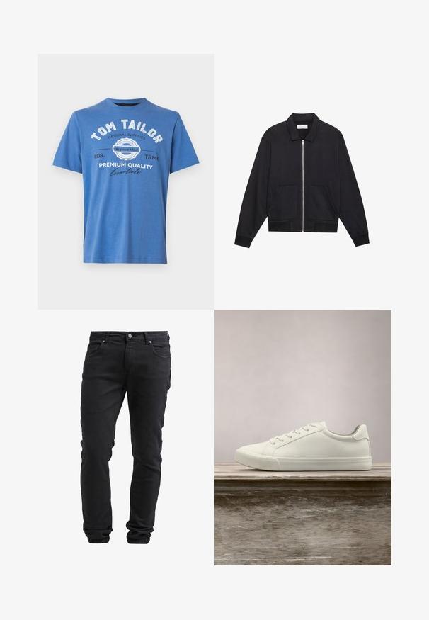 Schwarze Zip-Jacke mit Kragen, zwei Fronttaschen, gerippten Bündchen und einer strukturierten Stoffoberfläche. Einfaches und modernes Design.; Blaue kurzärmlige T-Shirt aus Baumwolle. Mit bedrucktem Text "TOM TAILOR" und Logo. Klassischer Rundhalsausschnitt und gerader Saum.; Schwarze Slim-Fit-Jeans mit Knopf- und Reißverschluss, fünf Taschen und elastischen Bündchen an den Knöcheln.; Weiße Schnürsneaker, die über einer Holzbank mit grünem Laub im Hintergrund schweben und das Schuhdesign sowie die Textur zeigen.