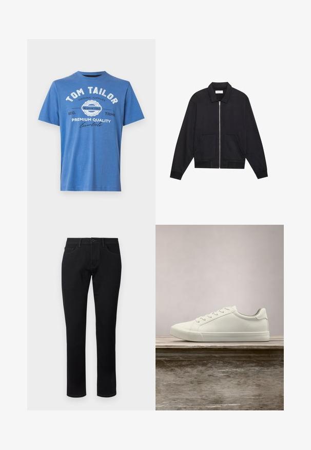 Schwarze Zip-Jacke mit Kragen, zwei Fronttaschen, gerippten Bündchen und einer strukturierten Stoffoberfläche. Einfaches und modernes Design.; Blaue kurzärmlige T-Shirt aus Baumwolle. Mit bedrucktem Text "TOM TAILOR" und Logo. Klassischer Rundhalsausschnitt und gerader Saum.; TOM TAILOR TTJOSH REGULAR SLIM FIT - Jeans Tapered Fit - black denim; Weiße Schnürsneaker, die über einer Holzbank mit grünem Laub im Hintergrund schweben und das Schuhdesign sowie die Textur zeigen.
