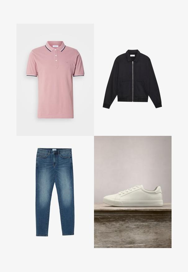 Zwarte ritssluiting jack met een kraag, twee voorkruiszakken, ribgebreide manchetten en een textuurstofafwerking. Eenvoudig en modern ontwerp.; Roze poloshirt met een knoopsluiting met twee knopen, een geribbelde kraag met marineblauwe en witte strepen, en een subtiel logo geborduurd op de borst.; Middenblauwe denim jeans met een vervaagde was, vijfzakdesign, rechte pasvorm en gestikte accenten. Sluiting met knoop en rits.; Witte vetersneaker die boven een houten bank zweeft met groene bladeren op de achtergrond, waarbij het ontwerp en de textuur van de schoen worden getoond.