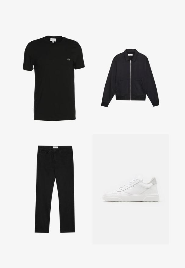 Veste noire zippée avec col, deux poches avant, poignets côtelés et finition en tissu texturé. Design simple et moderne.; T-shirt en coton noir à manches courtes, col rond, avec petit logo vert Lacoste sur la poitrine. Texture lisse, coupe classique.; Jean droit noir avec un design à cinq poches, fermeture à bouton et zip, et une étiquette de marque Pier One sur la taille.; Des baskets en cuir blanc avec une finition lisse, un bout rond, des lacets plats et une semelle texturée. Accents en daim gris au niveau du talon.