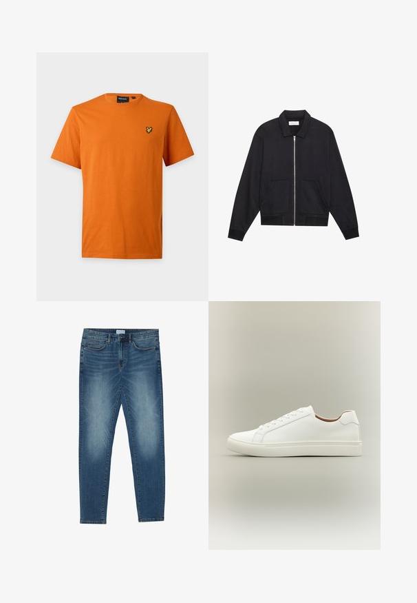 Veste noire zippée avec col, deux poches avant, poignets côtelés et finition en tissu texturé. Design simple et moderne.; T-shirt orange en coton à manches courtes avec col rond et petit logo oiseau jaune sur la poitrine gauche.; Jean en denim bleu moyen avec un délavage léger, design à cinq poches, coupe droite et accents cousus. Fermeture par bouton et zip.; Baskets blanches basses avec fermeture à lacets et semelle plate, vues de côté sur un fond neutre.