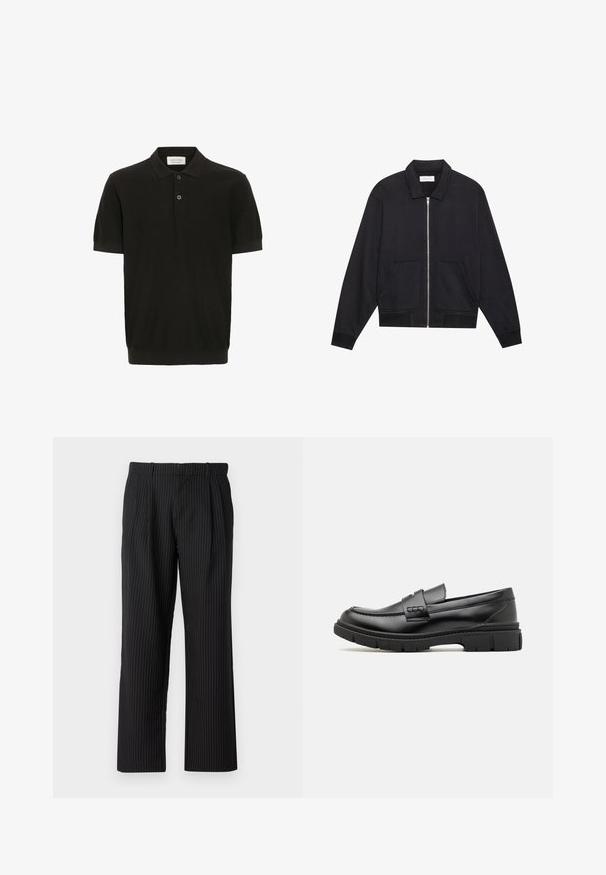 Schwarze Zip-Jacke mit Kragen, zwei Fronttaschen, gerippten Bündchen und einer strukturierten Stoffoberfläche. Einfaches und modernes Design.; Schwarzes Poloshirt mit kurzen Ärmeln und strukturiertem Finish, drei-Knopf-Leiste und klassischem Kragen. Besitzt einen eng anliegenden gerippten Saum.; Jack & Jones Classic Wide Leg Fit - Stoffhose - black; Schwarze Lederloafer mit einem breiten Riemen über dem Rist, Gummisohle mit dicken Profilen und glatter Textur. Klassisches, schlankes Design.