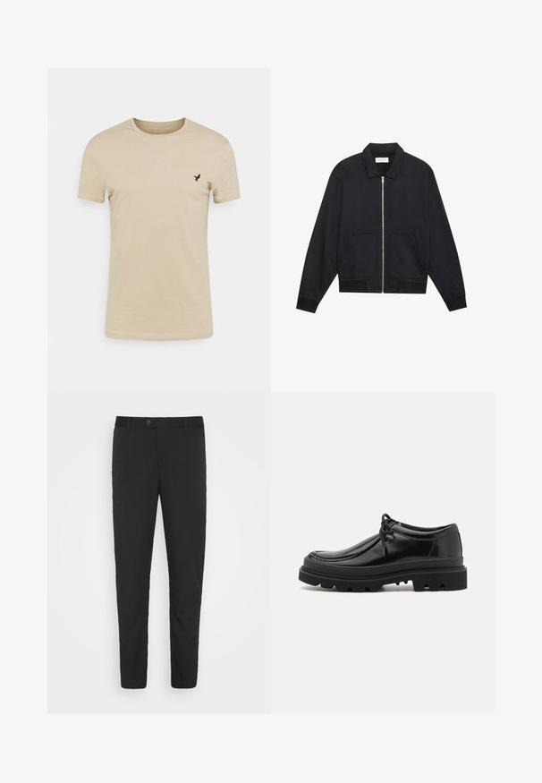 Schwarze Zip-Jacke mit Kragen, zwei Fronttaschen, gerippten Bündchen und einer strukturierten Stoffoberfläche. Einfaches und modernes Design.; Beige Kurzarm-T-Shirt aus weichem Stoff, mit rundem Ausschnitt und einem kleinen schwarzen Vogel-Logo auf der linken Brustseite.; Schwarze, maßgeschneiderte Hose mit geradem Bein, vorderen Taschen und Knopfverschluss. Aus glattem Stoff mit leichtem Glanz gefertigt.; Schwarze Leder-Derby-Schuhe mit einem eleganten Design, runder Zehenpartie und rutschfester Gummisohle mit tiefen Rillen für besseren Halt.