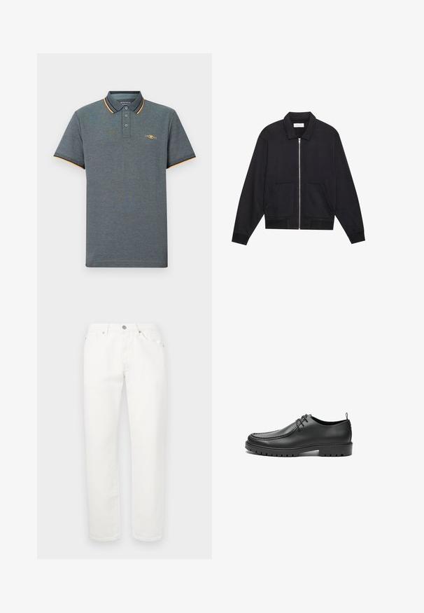 Sort lynlåsjakke med krave, to frontlommer, ribbede manchetter og en struktureret stoffinish. Enkel og moderne design.; Grå polo shirt med et tekstureret stof, der har en tre-knaps placket, lyseblå og orange kraveaccenter samt et lille logo på brystet.; Hvide denimbukser med lige ben-design. Har en traditionel fem-lomme-layout, metalknaplukning og let struktur.; Sorte lædersko med en glat overflade, rund tå og dekorativ stikning. Har en gummisål med skridsikre spor og snørebåndsdesign.