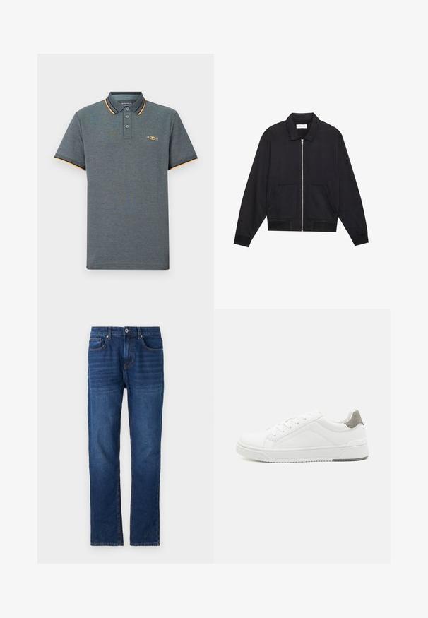 Sort lynlåsjakke med krave, to frontlommer, ribbede manchetter og en struktureret stoffinish. Enkel og moderne design.; Grå polo shirt med et tekstureret stof, der har en tre-knaps placket, lyseblå og orange kraveaccenter samt et lille logo på brystet.; Pier One by Zalando Loose-jeans - dark blue denim; Hvid sneaker lavet af glat læder, rund tå, minimalistisk design, grå hælafsats og tekstureret gummisål.