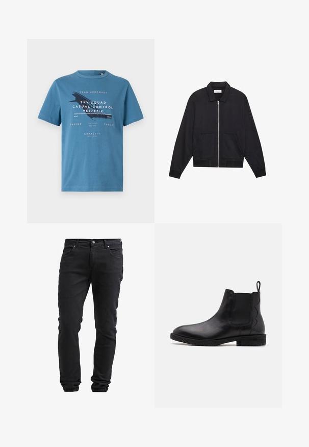 Sort lynlåsjakke med krave, to frontlommer, ribbede manchetter og en struktureret stoffinish. Enkel og moderne design.; Blå bomulds t-shirt med korte ærmer, med grafisk tekst og et flydesign på forsiden. Rund hals og regular fit.; Sorte slim-fit jeans med knap- og lynlås-lukning, fem lommer og elastiske manchetter ved anklerne.; Sort læder Chelsea støvle med elastiske sidestykker, rund tå og lav blokhælfod. Har en løftestrop bagpå for nem påtagning.