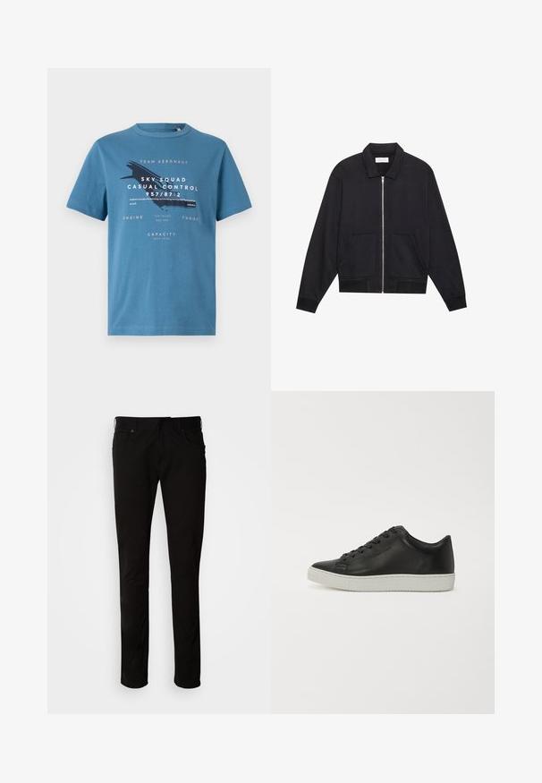 Schwarze Zip-Jacke mit Kragen, zwei Fronttaschen, gerippten Bündchen und einer strukturierten Stoffoberfläche. Einfaches und modernes Design.; Blaues Baumwoll-T-Shirt mit kurzen Ärmeln, das auf der Vorderseite grafischen Text und ein Flugzeugdesign zeigt. Rundhalsausschnitt und normale Passform.; Schwarze, gerade geschnittene Hose aus einem Baumwollmischgewebe. Sie verfügt über vordere Taschen, Gürtelschlaufen und einen klassischen Reißverschluss.; Schwarze Leder-Sneaker mit runder Spitze, flacher weißer Gummisohle und einer Schnürung mit sechs Ösen. Glatte Textur, minimalistischer Stil.