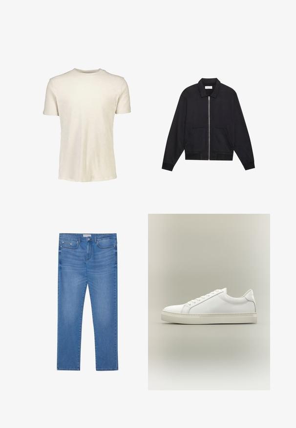 Sort lynlåsjakke med krave, to frontlommer, ribbede manchetter og en struktureret stoffinish. Enkel og moderne design.; Kortærmet T-shirt i lyse beige, lavet af blødt bomuld. Har en rund halsudskæring og en glat tekstur uden mønstre eller grafik.; Lyseblå denimjeans med lige ben, femlommes design, subtil falming og metalbeslag ved taljen og lommerne.; Hvid lavtop sneaker med snørebånd foran og tyk sål, vist fra siden mod en neutral baggrund.