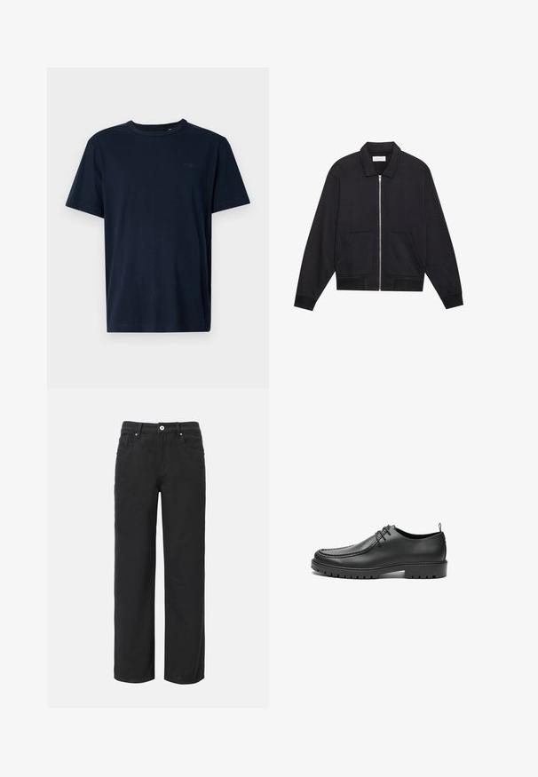 Veste noire zippée avec col, deux poches avant, poignets côtelés et finition en tissu texturé. Design simple et moderne.; T-shirt bleu marine à manches courtes en tissu doux, avec un col rond, et un petit logo ainsi que l'année "1962" imprimés sur la poitrine.; Pantalons larges noirs en coton avec quatre poches, fermeture à bouton à l'avant et un design en denim classique. Texture lisse, sans motifs visibles.; Chaussures en cuir noir avec une finition lisse, bout arrondi et coutures décoratives. Elles possèdent une semelle en caoutchouc avec des rainures de traction et un laçage.