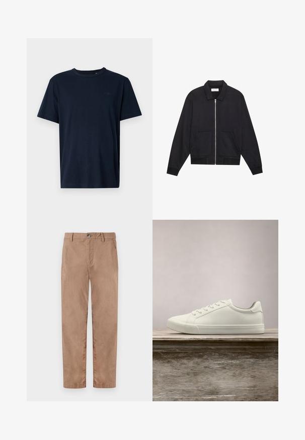 Sort lynlåsjakke med krave, to frontlommer, ribbede manchetter og en struktureret stoffinish. Enkel og moderne design.; Mørkeblå kortærmet t-shirt lavet af blødt stof med en rund halsudskæring, prydet med et lille logo og året "1962" trykt på brystet.; TOM TAILOR REGULAR WASHED - Chino - caribou beige; Hvide snørresneakers svævende over en træbænk med grønne planter i baggrunden, der fremhæver skodesign og tekstur.