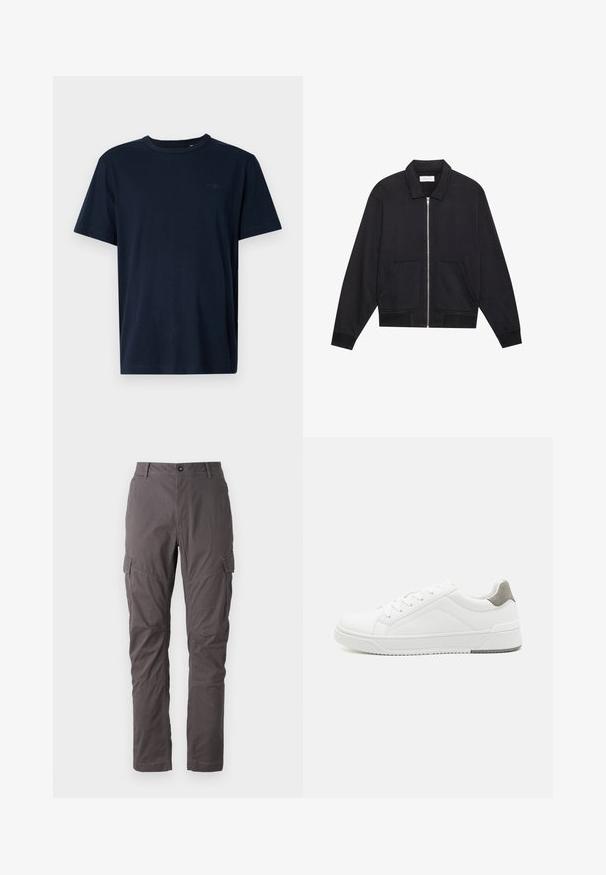 Sort lynlåsjakke med krave, to frontlommer, ribbede manchetter og en struktureret stoffinish. Enkel og moderne design.; Mørkeblå kortærmet t-shirt lavet af blødt stof med en rund halsudskæring, prydet med et lille logo og året "1962" trykt på brystet.; Grå cargo bukser med lige snit, der har flere sidelommer og forstærket syning langs benene. Lavet af slidstærkt stof.; Hvid sneaker lavet af glat læder, rund tå, minimalistisk design, grå hælafsats og tekstureret gummisål.