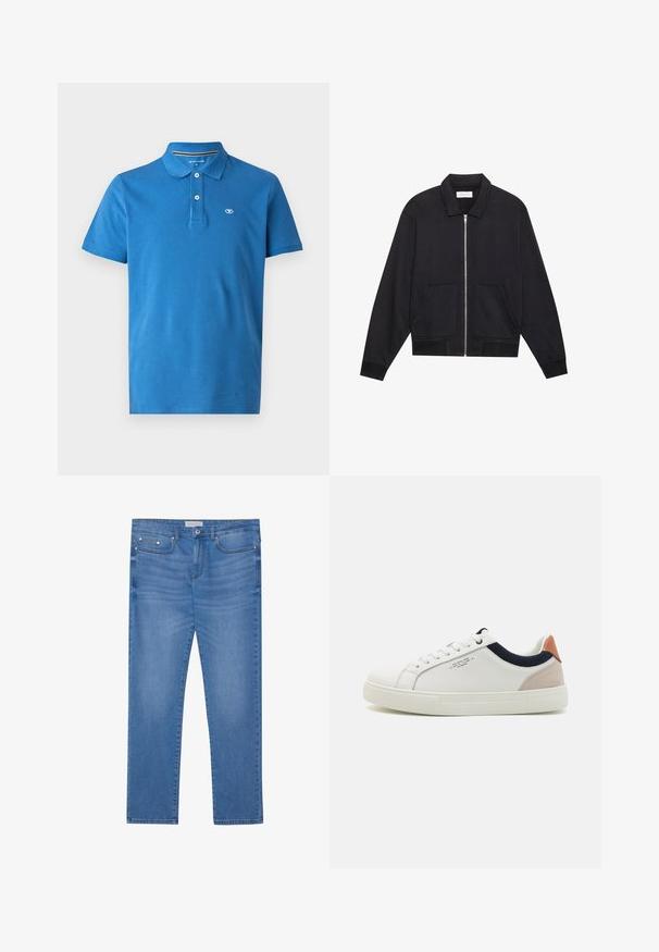 Zwarte ritssluiting jack met een kraag, twee voorkruiszakken, ribgebreide manchetten en een textuurstofafwerking. Eenvoudig en modern ontwerp.; Blauwe poloshirt van katoen, met een kraag, een sluiting met twee knopen, korte mouwen en een klein logo op de borst.; Lichtblauwe spijkerbroek met een rechte pijp, vijf zakken, subtiele vervaging en metalen accenten op de taille en zakken.; Witte leren sneakers met een laag ontwerp, marineblauwe stoffen accenten op de kraag en een lichtroze suède hieltab. Rubberen zool.