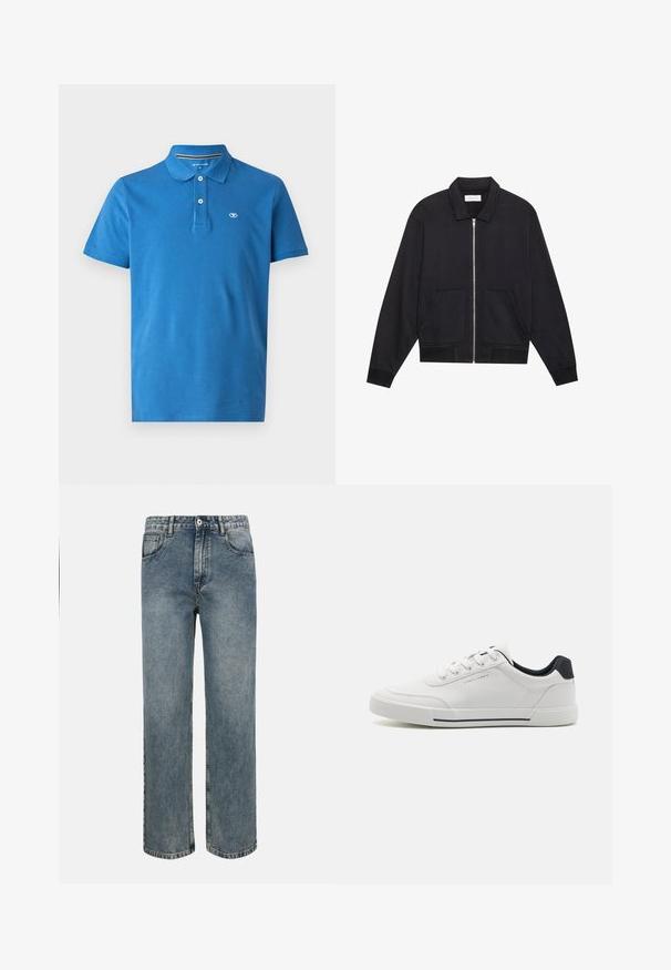 Zwarte ritssluiting jack met een kraag, twee voorkruiszakken, ribgebreide manchetten en een textuurstofafwerking. Eenvoudig en modern ontwerp.; Blauwe poloshirt van katoen, met een kraag, een sluiting met twee knopen, korte mouwen en een klein logo op de borst.; Blauwe jeans met rechte pijpen en een hoge taille, voorzien van een knoop- en ritssluiting aan de voorkant, riemlussen en het klassieke ontwerp met vijf zakken.; Witte sneakers met een glad synthetisch bovenwerk, ronde neus, vetersluiting, marineblauwe accenten op de hiel en een gestructureerde rubberen zool met een zwarte streep.