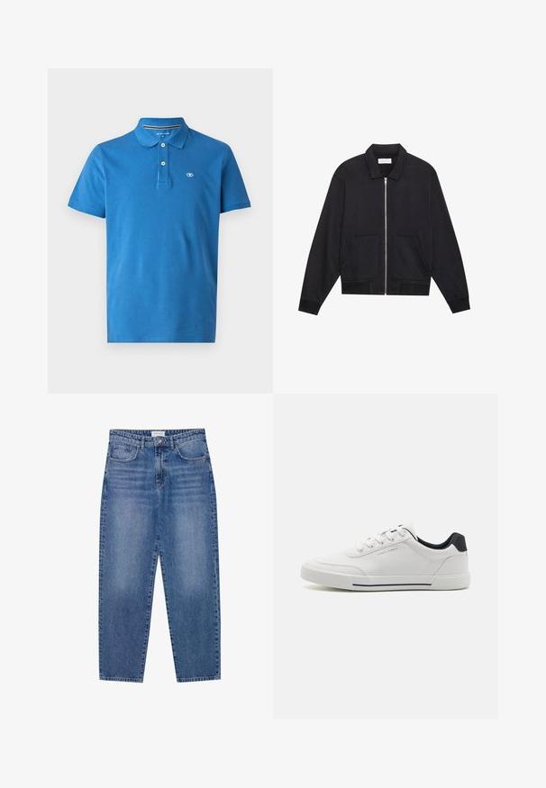 Sort lynlåsjakke med krave, to frontlommer, ribbede manchetter og en struktureret stoffinish. Enkel og moderne design.; Blå polo skjorte lavet af bomuld, med krave, to-knaps lukning, korte ærmer og et lille logo på brystet.; Blå denim jeans med høj talje, lige ben design og slidte finish. Har fem lommer og en knaplukning.; Hvide sneakers med en glat syntetisk overdel, rund tå, snørebåndsdesign, marineblå accent på hælen og en tekstureret gummisål med en sort stribe.