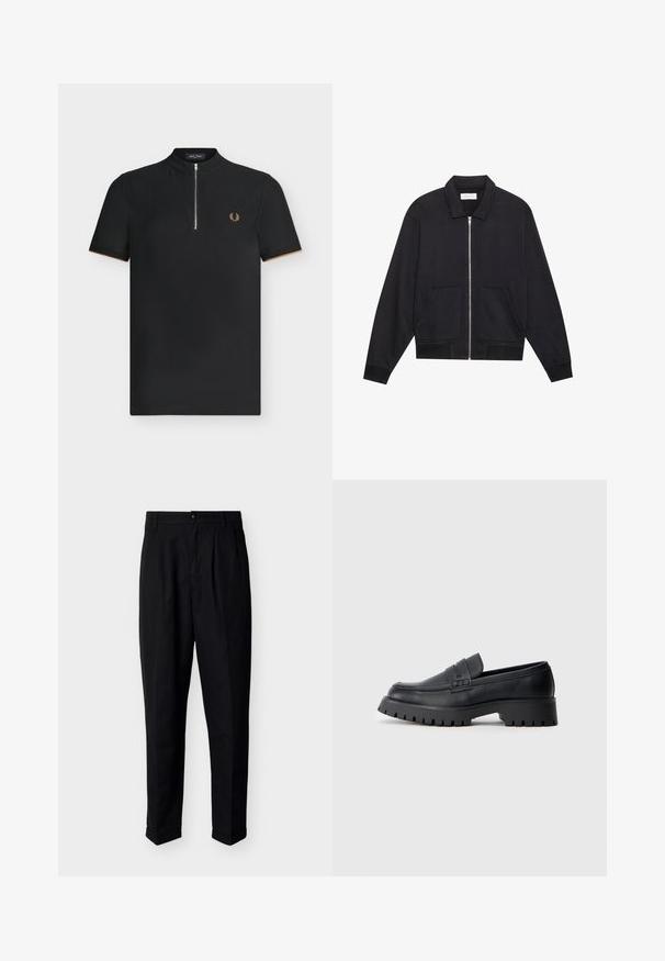 Veste noire zippée avec col, deux poches avant, poignets côtelés et finition en tissu texturé. Design simple et moderne.; Polo noir à manches courtes avec demi-fermeture éclair, tissu texturé, petit logo laurier doré sur la poitrine et bordure marron discrète aux extrémités des manches.; Pantalon noir pour homme, ajusté, avec fermeture à boutons, passants pour ceinture, plis avant, poches latérales et ourlets retroussés.; Mocassins en cuir noir avec un bout arrondi, présentant une sangle décorative et une semelle en caoutchouc épaisse avec de profonds crampons pour une meilleure adhérence.