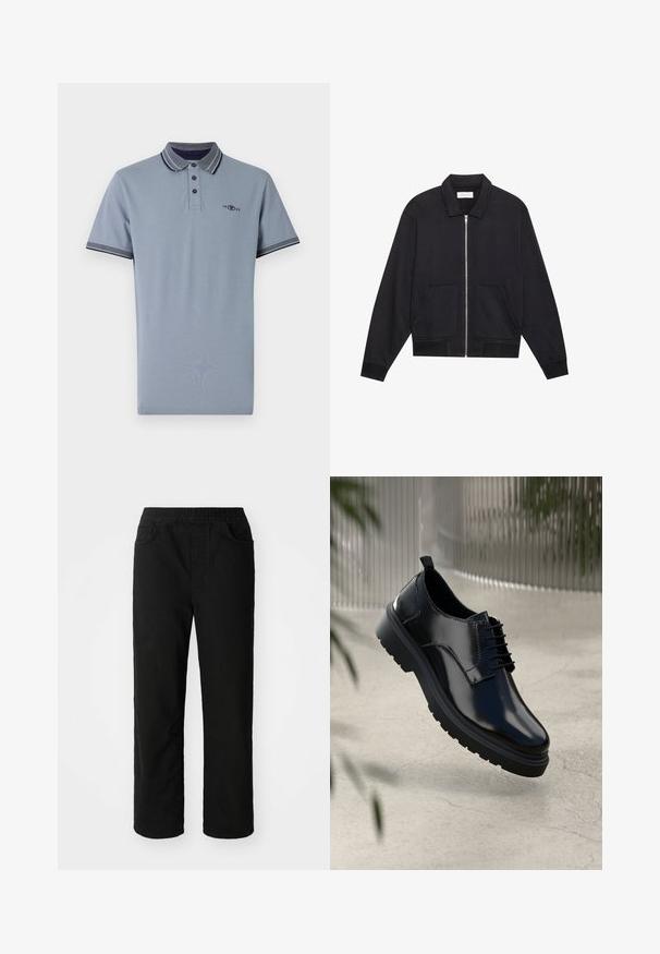Zwarte ritssluiting jack met een kraag, twee voorkruiszakken, ribgebreide manchetten en een textuurstofafwerking. Eenvoudig en modern ontwerp.; Polo shirt in lichtblauw katoen, met een contrasterende kraag met marineblauwe accenten, een placket met twee knopen en een klein logo op de borst.; Zwarte katoenen broeken met een relaxte pasvorm, een elastische tailleband, twee steekzakken en rechte pijpen. Soepele textuur zonder zichtbare patronen.; Zwarte leren schoen met een glanzende afwerking, ronde neus, vetersluiting, contrasterende stiksels en een dikke rubberen zool met profielpatronen.