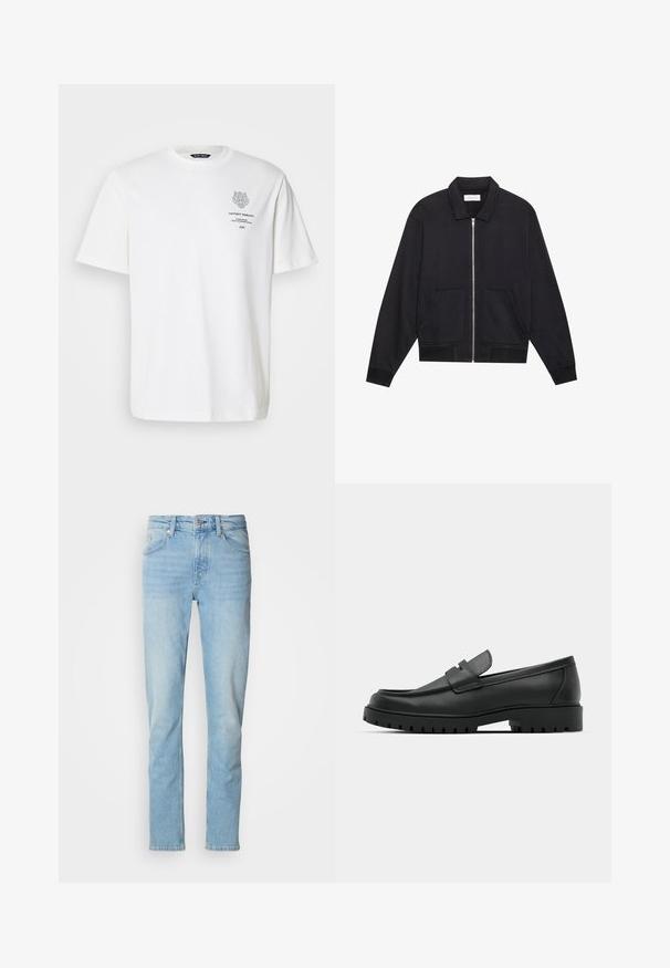 Sort lynlåsjakke med krave, to frontlommer, ribbede manchetter og en struktureret stoffinish. Enkel og moderne design.; Hvid bomulds t-shirt med rund halsudskæring, korte ærmer og et trykt logo og tekstdesign på forsiden i grå.; Lysblå jeans lavet af denim, med lige ben-design, fem lommer, bæltestropper og lukning med knap.; Sorte læder loafers med rund tå, der har et syet design, lav platformssål og en struktureret, skridsikker gummisål.