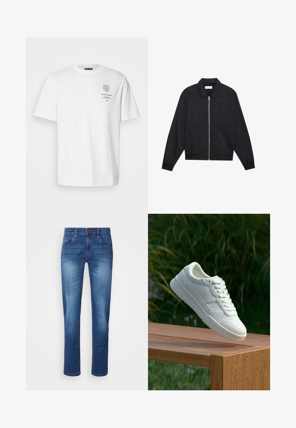 Sort lynlåsjakke med krave, to frontlommer, ribbede manchetter og en struktureret stoffinish. Enkel og moderne design.; Hvid bomulds t-shirt med rund halsudskæring, korte ærmer og et trykt logo og tekstdesign på forsiden i grå.; Blå lige ben denim jeans med falmede detaljer, frontlukning med knap og lynlås, bæltestropper og klassisk fem-lomme design.; Hvide lædersneakers med en glat overflade, prydet med perforeret design, klassisk snørering og gummisål, placeret over en træoverflade.