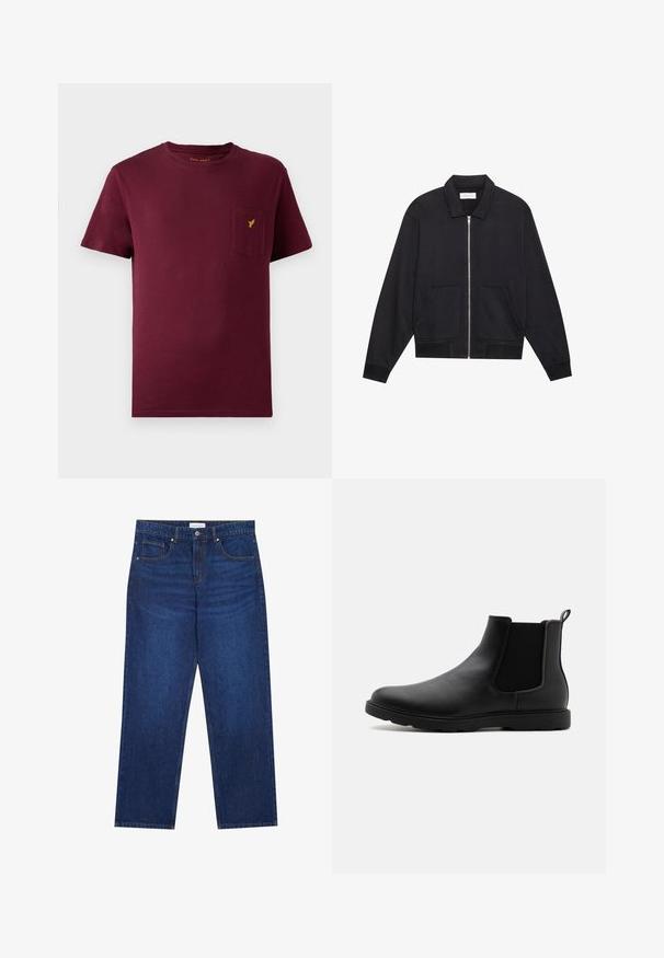 Sort lynlåsjakke med krave, to frontlommer, ribbede manchetter og en struktureret stoffinish. Enkel og moderne design.; Bordeaux bomulds t-shirt med korte ærmer, rund halsudskæring, brystlomme og et lille gult logo broderet på lommen.; Mørkeblå denimjeans med lige ben-design, der har en knap- og lynlåslukning, fem lommer og synlige syninger.; Sorte læder Chelsea støvle med elastiske sidepaneler, en trækflap og en holdbar gummisål. Glat tekstur og strømlinet design.
