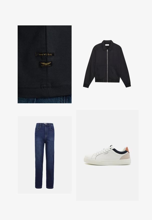 Schwarze Zip-Jacke mit Kragen, zwei Fronttaschen, gerippten Bündchen und einer strukturierten Stoffoberfläche. Einfaches und modernes Design.; Schwarzes Baumwoll-T-Shirt mit glatter Textur. Verfügt über zwei Etiketten: "TYPE NO: C-46" und "AMERICAN CLASSIC" in Gelb auf dunklem Stoff.; Dunkelblaue Denim-Jeans mit geradem Bein, fünf Taschen, Knopfverschluss und dezenten horizontalen Nähdetails.; Weiße Leder-Sneaker mit einem Low-Top-Design, marineblauem Stoffakzent am Kragen und einem hellrosa Wildleder-Hackenteil. Gummisohle.